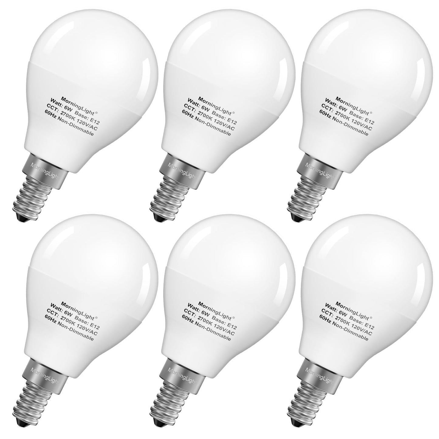 Morninglight A15 Led Bulb 60Watt Equivalent 2700K Warm White  E12 Small Base Candelabra Round Light Bulb  600Lm  Non-Dimmable  A15 Light Bulb For Ceiling Fan  Modern & Rustic Lighting Fixtures  6 Pack