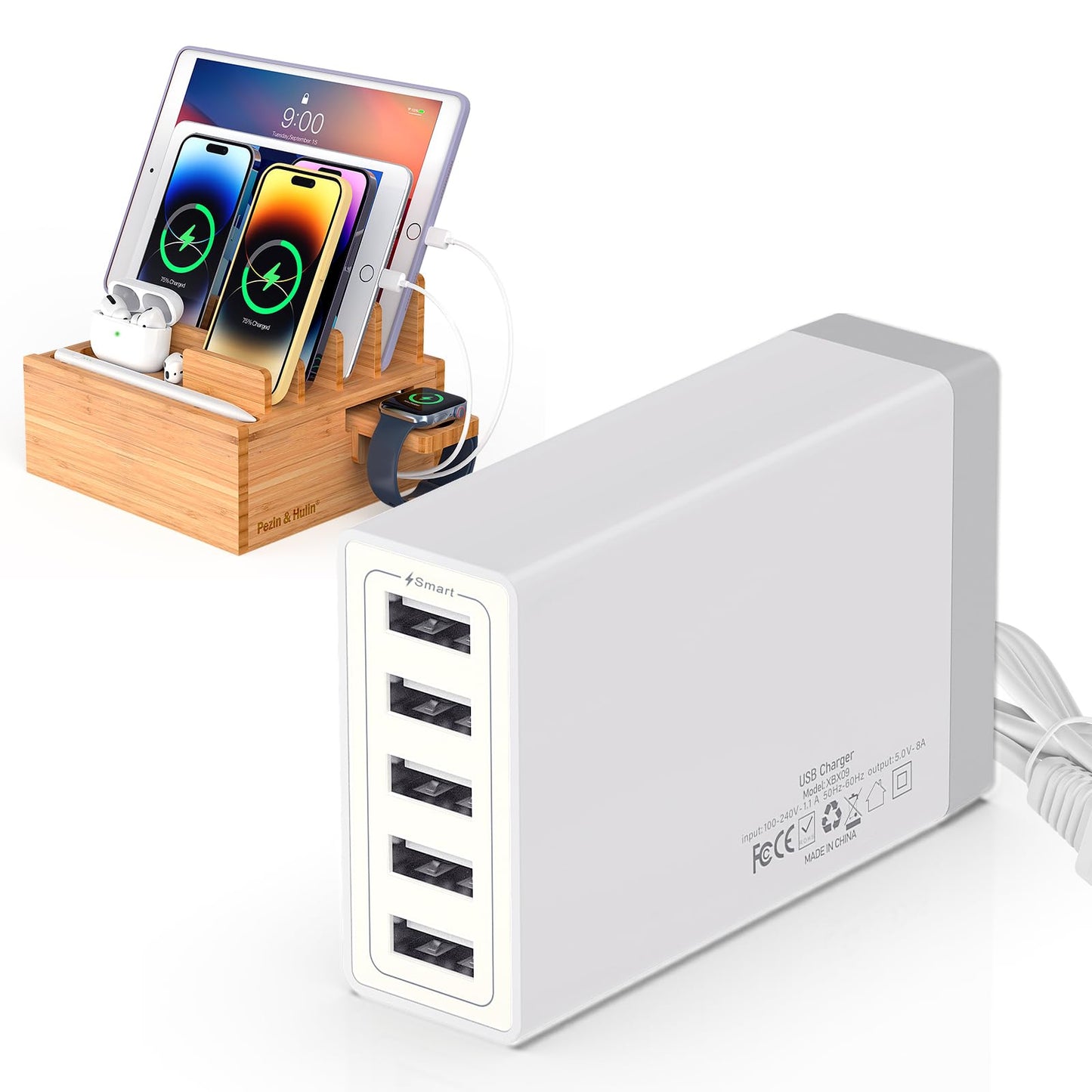 Pezin & Hulin Desktop Usb Charging Station With Bamboo Charging Station, Desktop Charger Block, Compatible With Tablet, Cell Pho