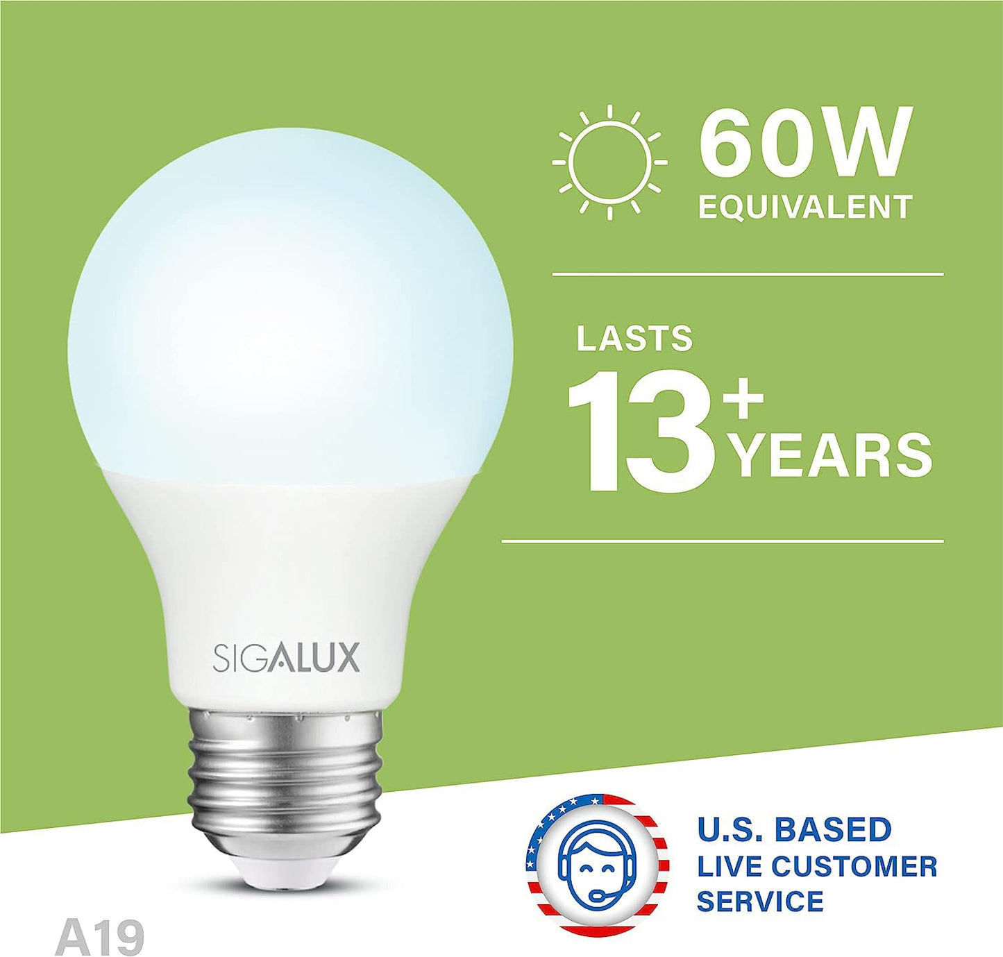 Sigalux A19 Led Light Bulb 60W Equivalent, 9.5W, 800Lm, Non-Dimmable, Daylight 5000K, E26 Base, Ul