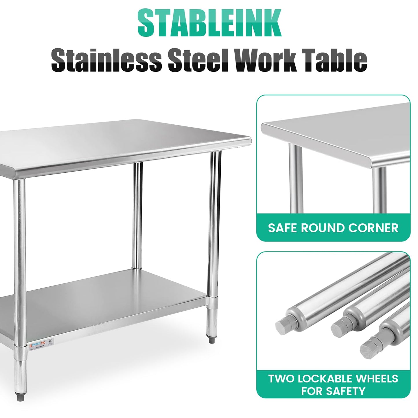 STABLEINK NSF Stainless Steel Prep Table, 30 x 48 Inches 4ft Metal Workbench with Adjustable Lower Undershelf, for Commercial Kitchen, Restaurant, Hotel, Laundry and Garage