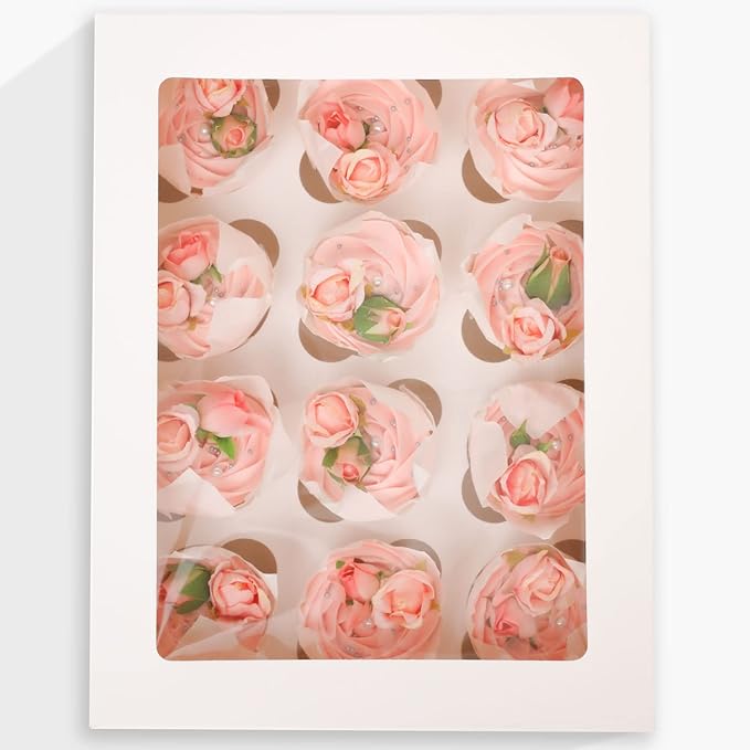 Bakepacker Auto-pop Up Cupcake Boxes with Window White 20PCS 12 Count Cupcake Box 13"x10"x3.5" Cupcakes Carrier, 12 Cupcake Containers with rolls of pink ribbons