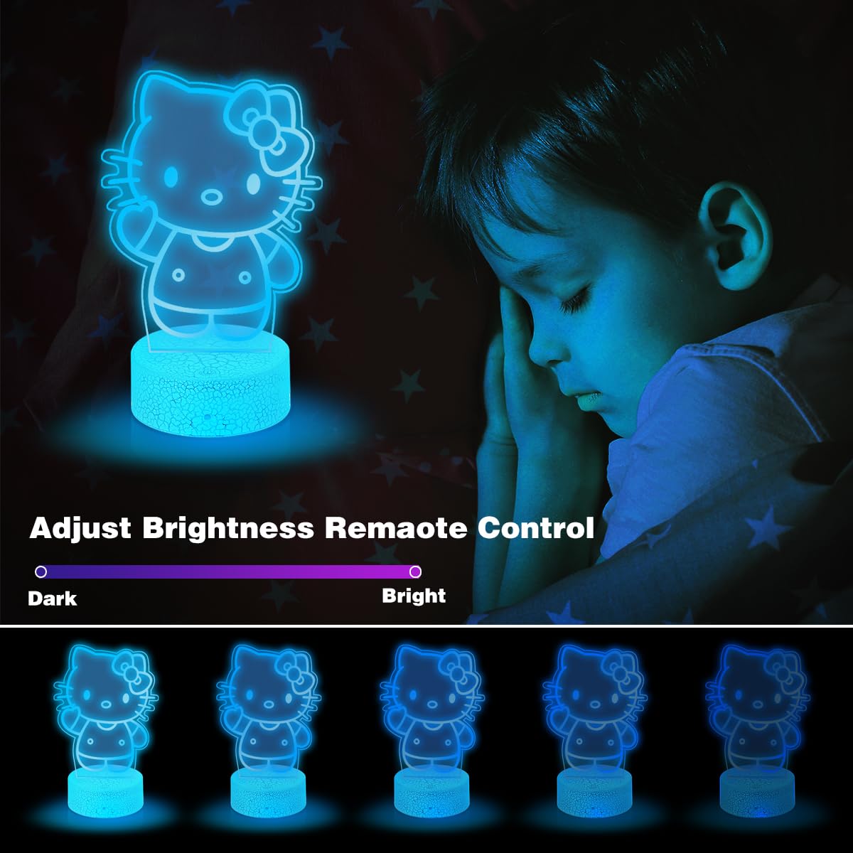 Atimomiao 3D Night Light - Cute Cat Illusion Lamp, 16 Colors, Remote Control, Acrylic, 8x2x6 inches, Model HT02