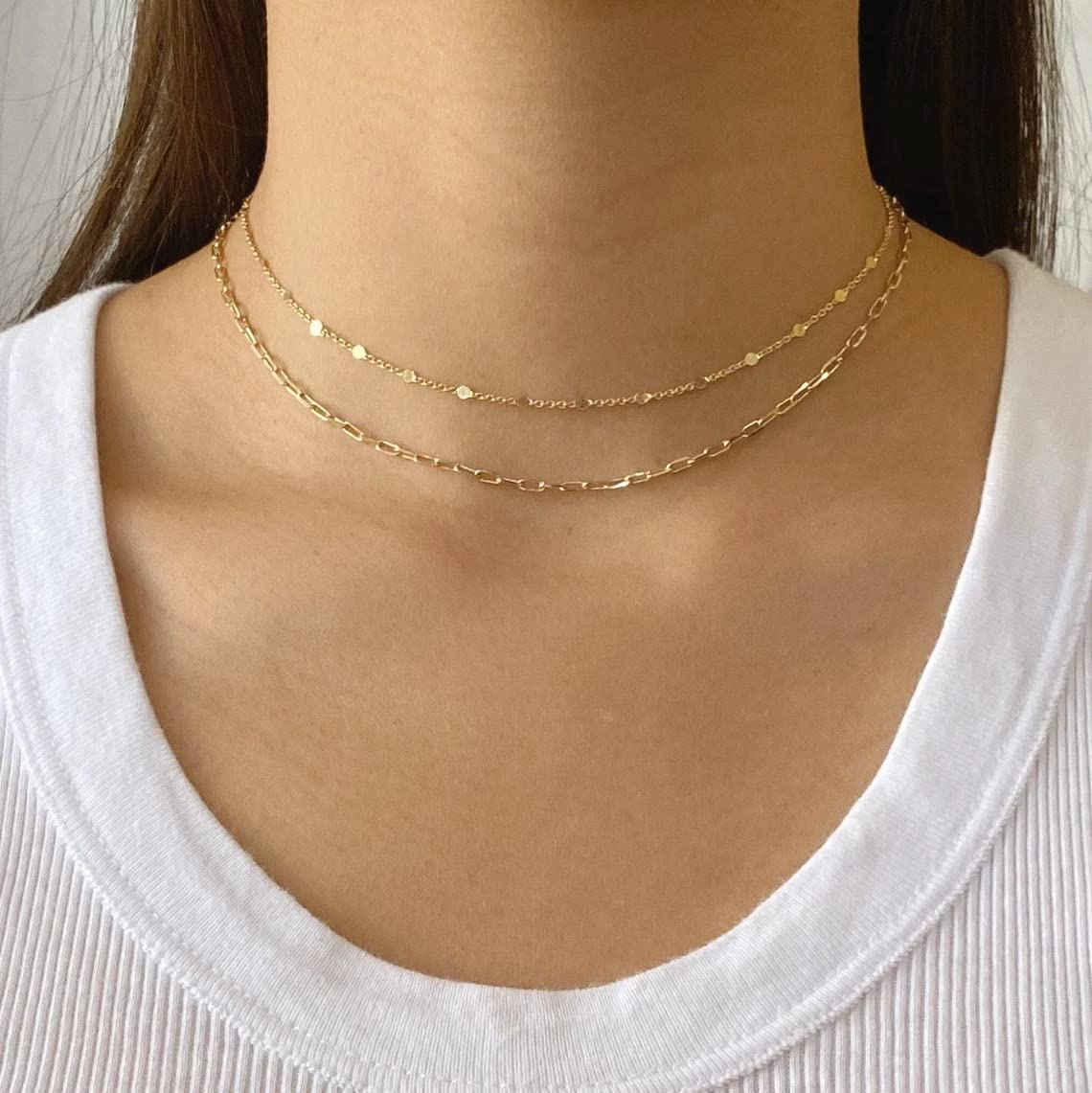 BERISO 14K Gold/Silver Plated Satellite Choker Shining Dots Station Box Chain 3 Blue Beads Sparkle Chain Necklace Open Hearts Op