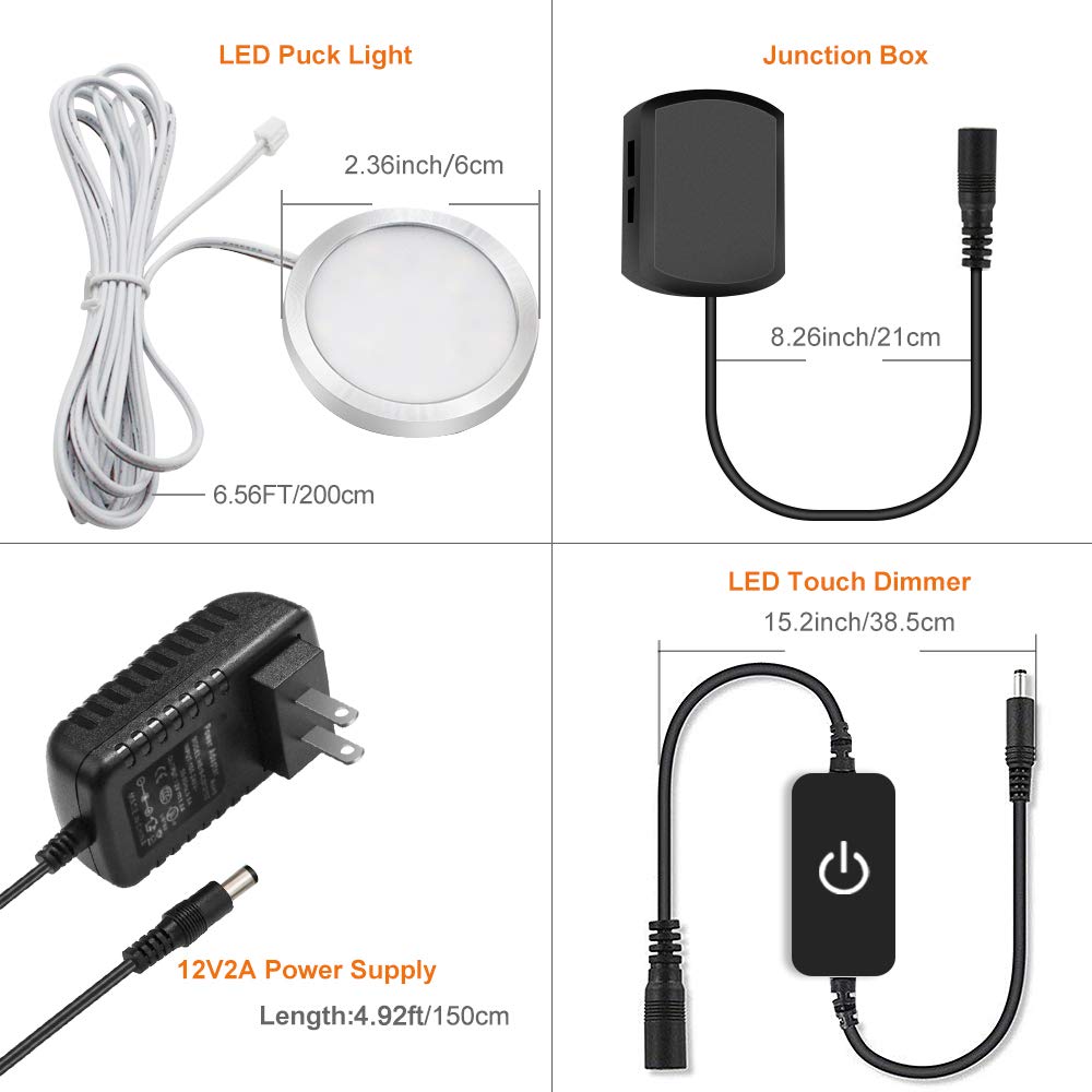 YGS-Tech LED Puck Lights, Warm White, Aluminum, Touch Dimming, 3-Pack, Under Cabinet Lighting