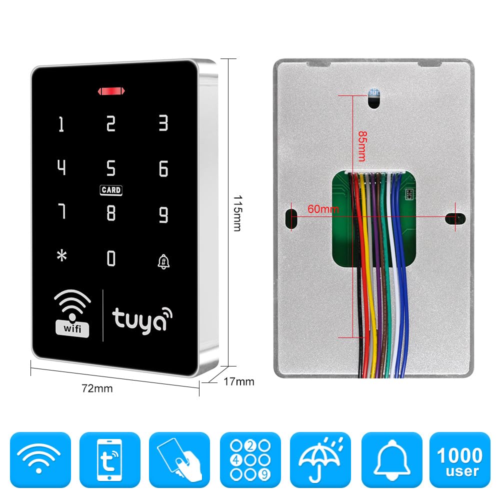 QTTYELOK Wifi Tuya Access Control System Kit Outdoor Waterproof RFID Access Controller Touch Keypad 125KHz 13.56MHz + 180KG Electric Magnetic Lock, Smart Phone APP Password Unlock