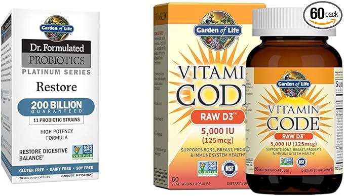 Garden of Life Dr. Formulated Probiotics Platinum Series Restore 200 Billion & Vitamin D, Vitamin Code Raw D3, Vitamin D 5,000 IU, Raw Whole Food Vitamin D