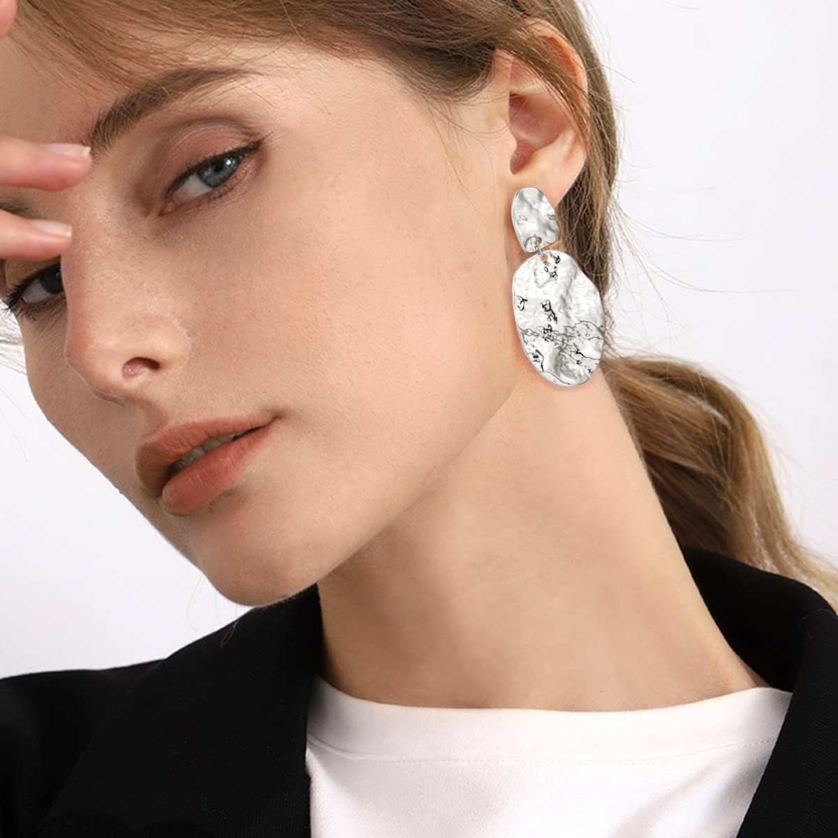 Silver Statement Earrings Hammered Big Drop Dangle Earrings for Women Silver Jewelry