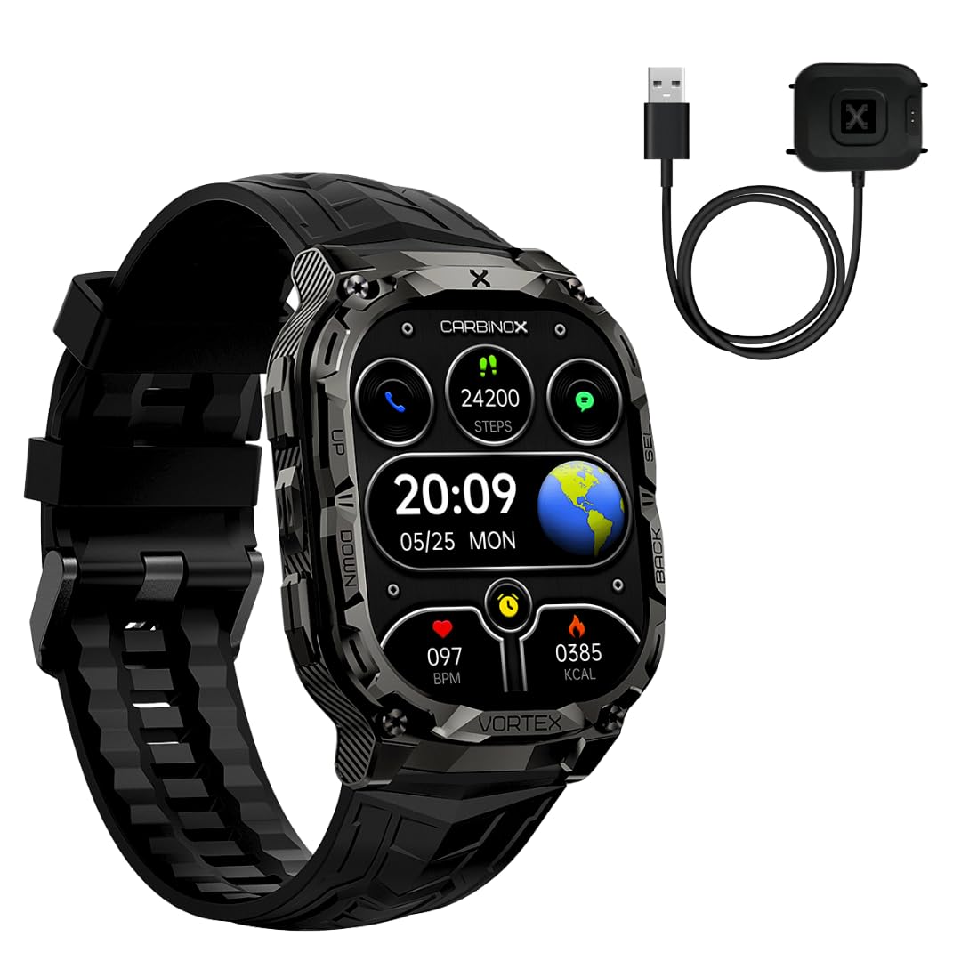 CARBINOX Vortex Smart Watch with Charger, Rugged Fitness Tracker IP69K Waterproof Compatible with Android and iOS Phone, 14 Days of Battery Military Durable