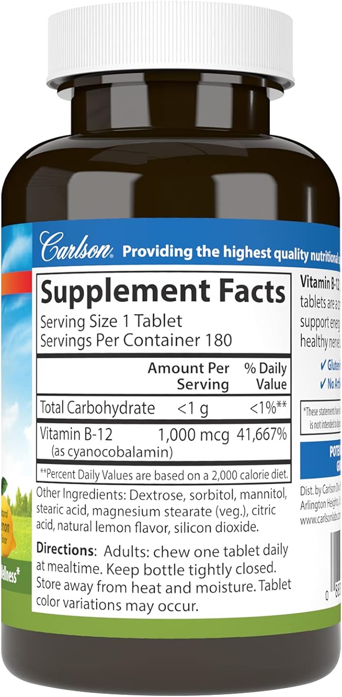 Carlson - Chewable B-12, 1000 mcg, Energy Production, Nerve Function & Optimal Wellness, Lemon, 180 tablets
