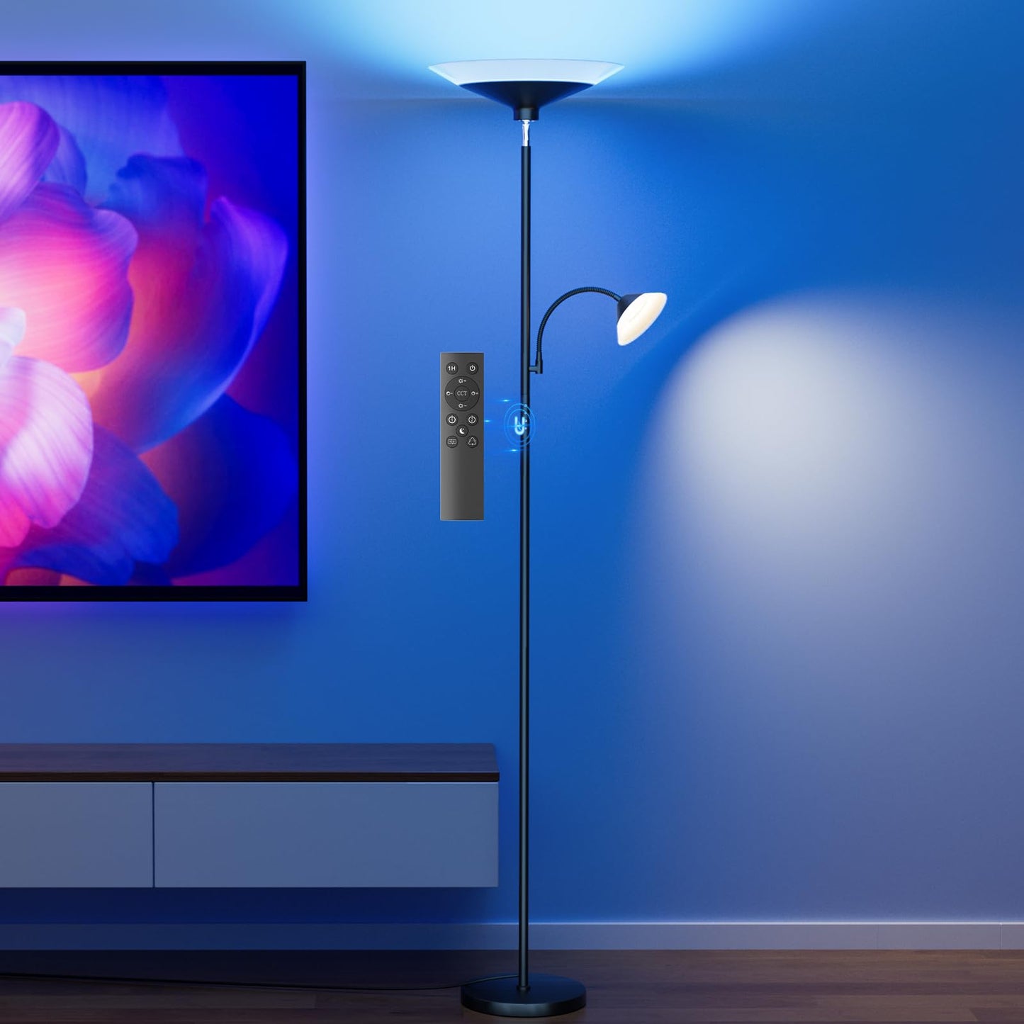 SIBRILLE RGB Torchiere Floor Lamp - 2 Way Dimmable LED, 34W, 72in  Tall, Metal, Black with RGB, Model MF30021.3