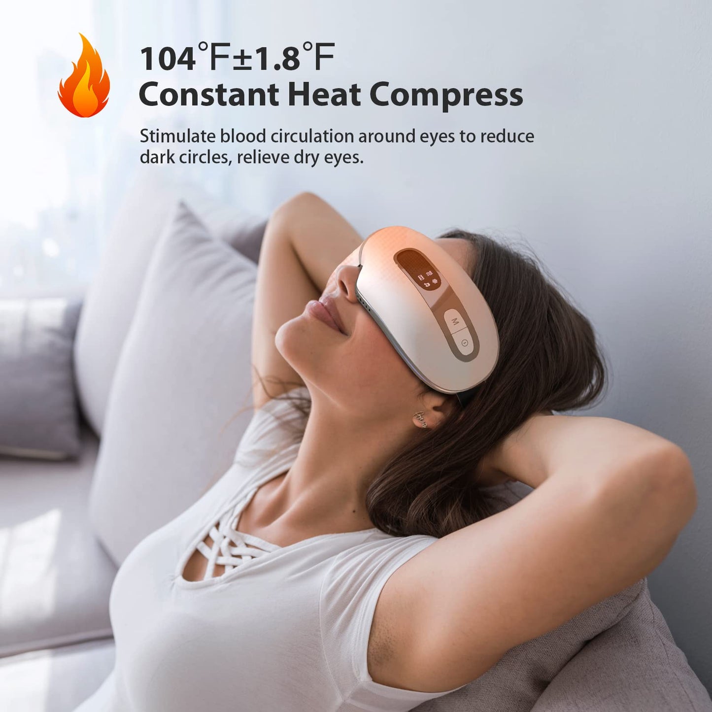 fmlave Eye Massager with Heat and Cooling for Migraines, Dry Eyes, Dark Circles, Rechargeable Bluetooth Music Cold Heated Eye Massager Improve Sleeping - Gifts for Women and Men (White)