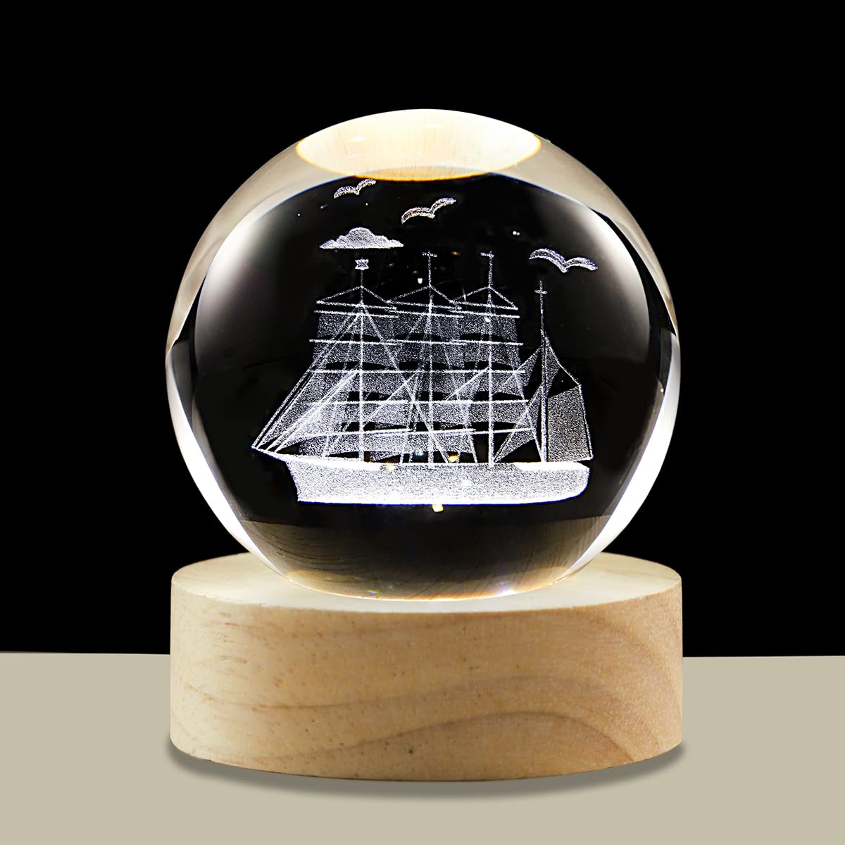 Hochance 3D Sailboat Crystal Ball Lamp With Adjustable Brightness Led Wooden Base Night Light For Kids Teens mature-themeds Birthday Gift Home Desk Office Bedroom Decor (6Cm / 2.4 )