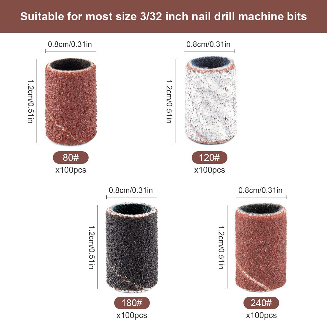 Rolybag Sanding Bands for Nail Drill 240 Pieces 3 Color Coarse Fine Grit Efile Sand Set 80#120#180#240#,2 Pieces 3/32 Inch Nail