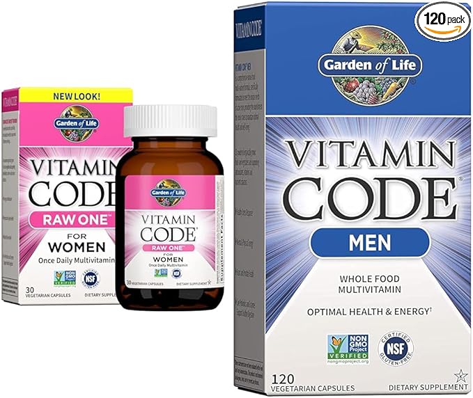 Garden of Life Women's and Men's Whole Food Multivitamins, Vitamin Code Raw One 30 Count and Vitamin Code 120 Count