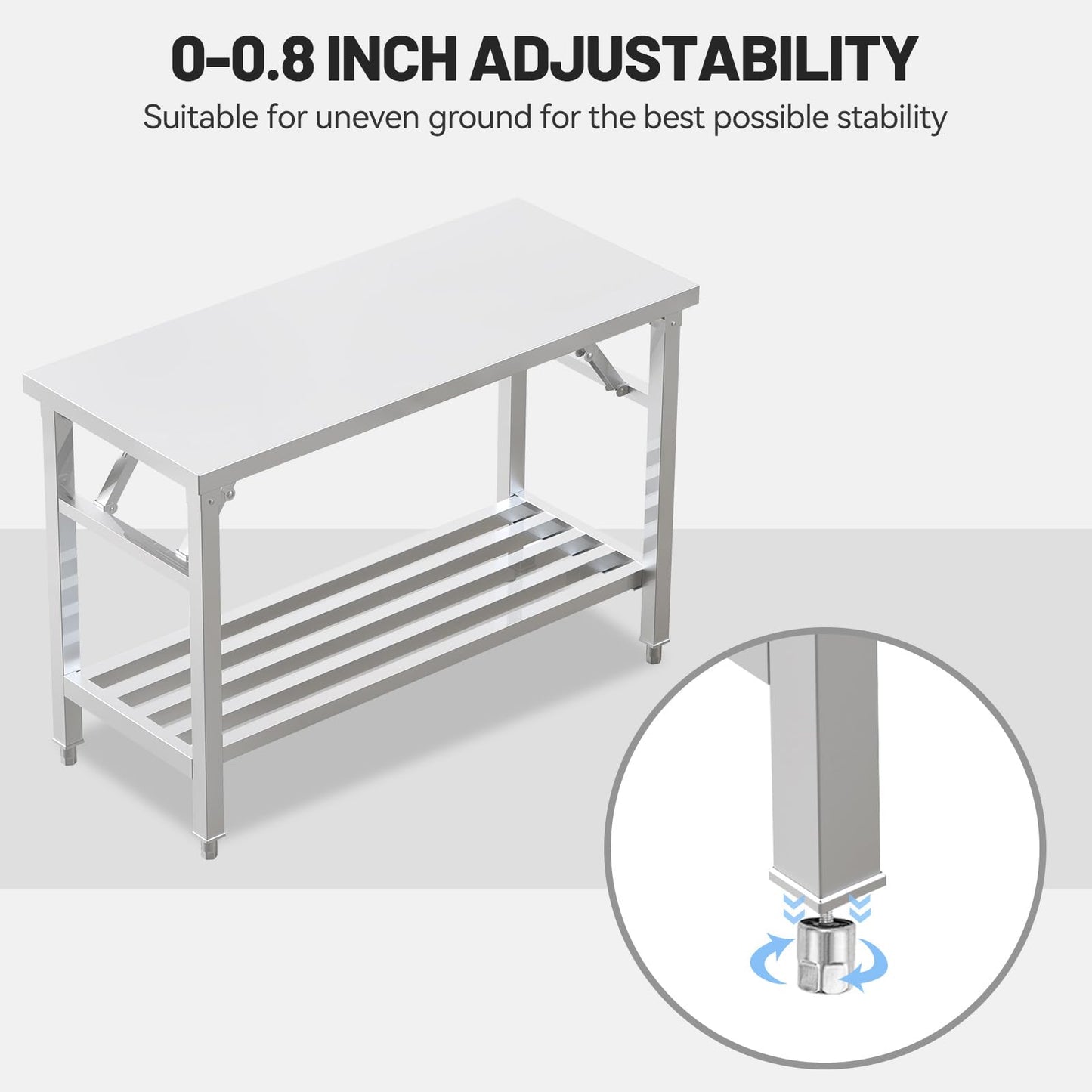 PurezmMoto Folding Stainless Steel Table with Adjustable Table Corners and Lower Removable Shelf 20X45 Inches for Outdoor Camping, Maintenance Room, Storage, Kitchen (with undershelf)