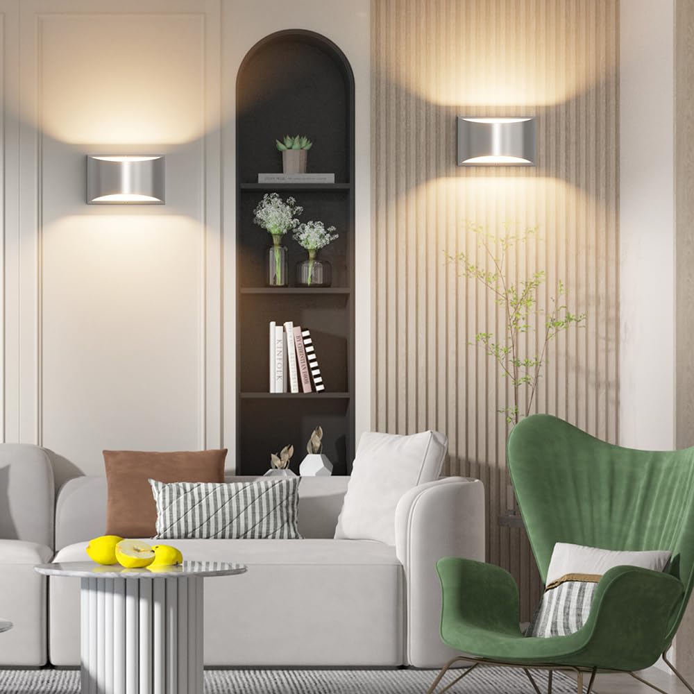 Aipsun LED Wall Sconce Set of 2, Nickel Aluminum, Warm White 3000K, Hardwired Indoor Light, Model 9206