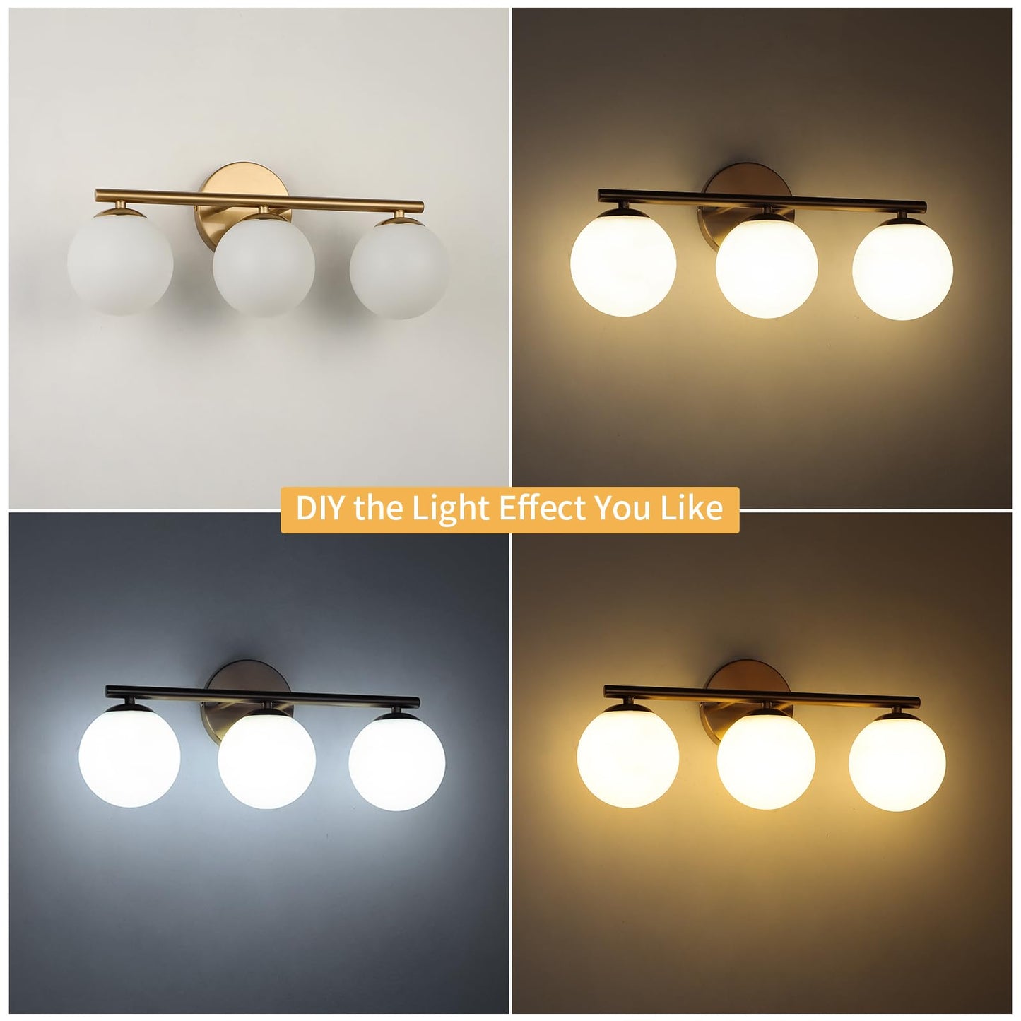 Foucasal Globe Bathroom Light Fixtures 3-Light Brass Gold Vanity Light With Plastic Milk White Globe Shades 11.81 Inch Wall Sconce Lighting Over Mirror  Vanity Lights For Bathroom Bedroom Hallway