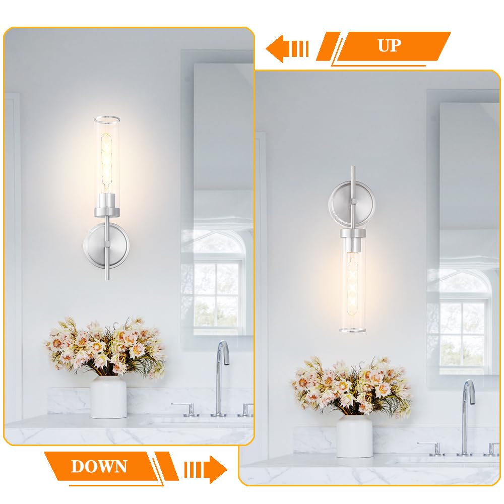 Wall Sconces Set Of 2  Brushed Nickel Sconces Wall Lighting  Modern Bathroom Vanity Light Fixtures With Clear Glass  Bathroom Sconces Wall Mount Lights For Living Room Bedroom Hallway  Hardwired