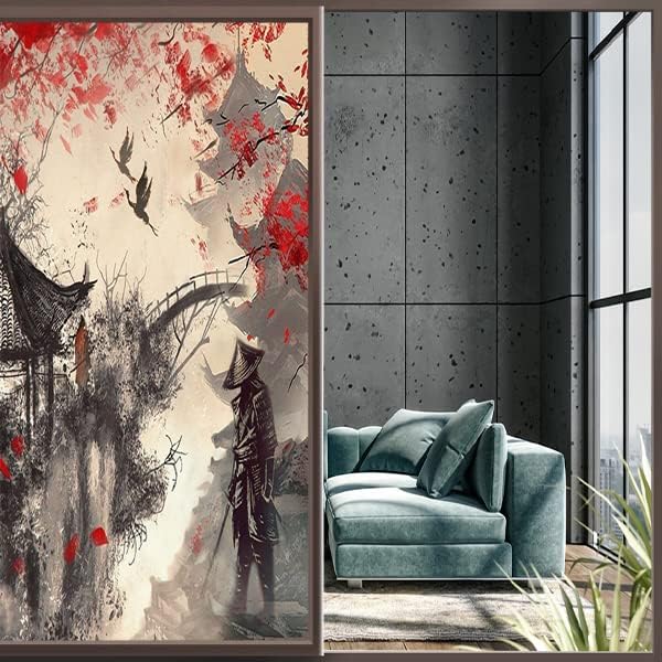 Vintage Japanese Samurai Air Window Film Watercolor Ink Ancient Cherry Blossom Red Sunblackout Window Film,Playroom Window Film 23.6Wx47.2L-Inch X1Pcs