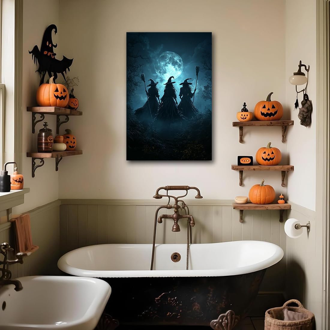 Moonlight Witches Halloween Canvas Art Picture,Three Witches on Broom in Forest Painting Print Gothic Decor,Halloween Witch Poster Witchy Room Aesthetic Bedroom Home Decorations,24"x36" Unframed