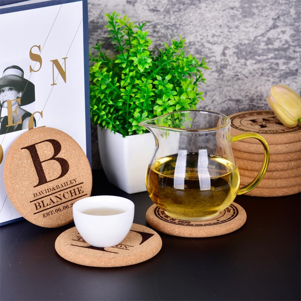 Personalized Cork Coasters for Drinks, Custom Engraved Absorbent Heat & Water Resistant Coasters for Cups and Mugs (T)