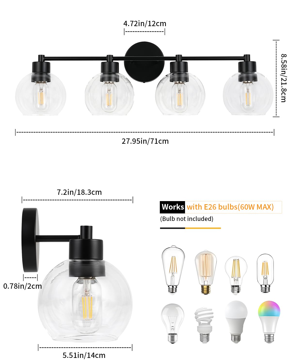 Wilon Matte Black Vanity Light  Modern 4 Light Bathroom Vanity Light With Globe Clear Glass Shades  Wall Sconces With E26 Base  Bathroom Lighting Fixtures Over Mirror  Wall Lamp For Bedroom