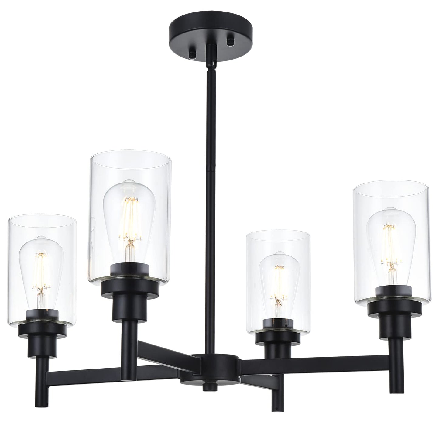 VINLUZ 4 Light Chandelier Black Hanging Light Fixture with Clear Glass for Dining Room and Bedroom - Model 210-4BL