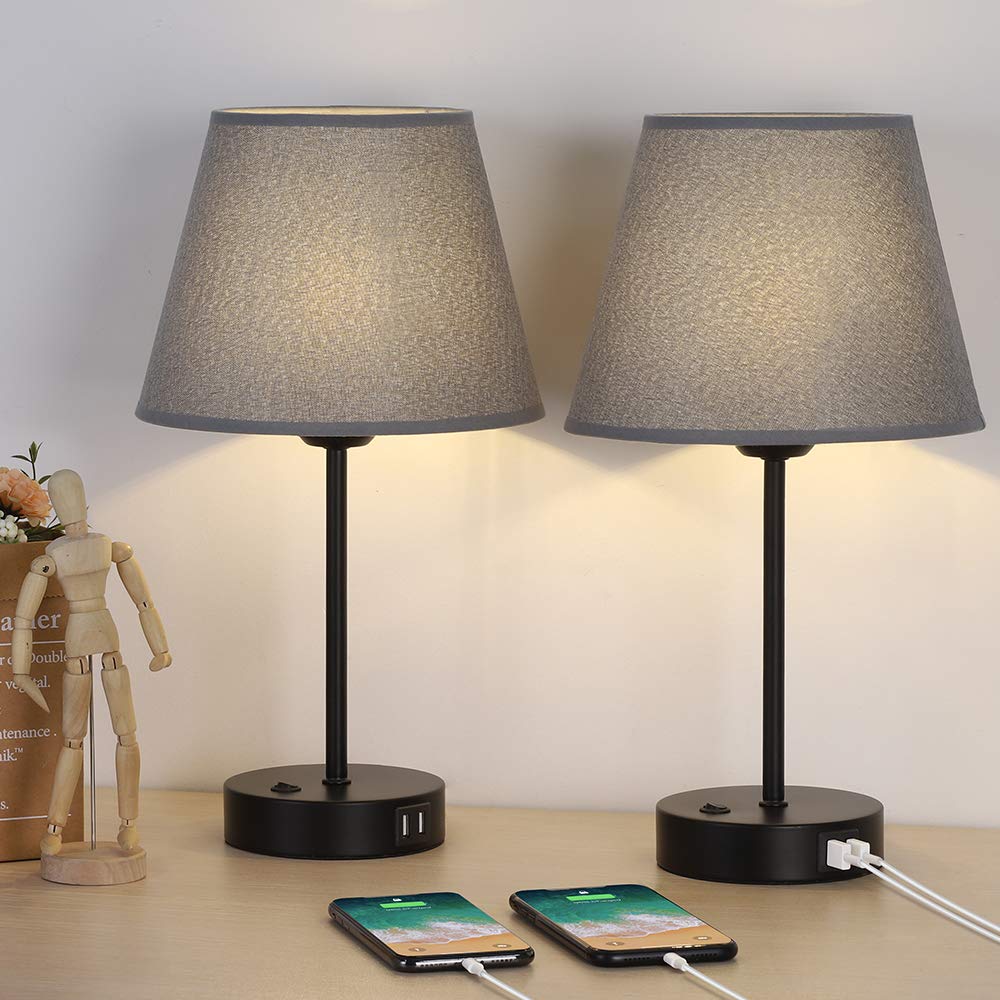 JS NOVA JUNS Table Lamp Set of 2, Modern Bedside Light with Dual USB Ports, Black Metal Base, Multicolor, Model JS33
