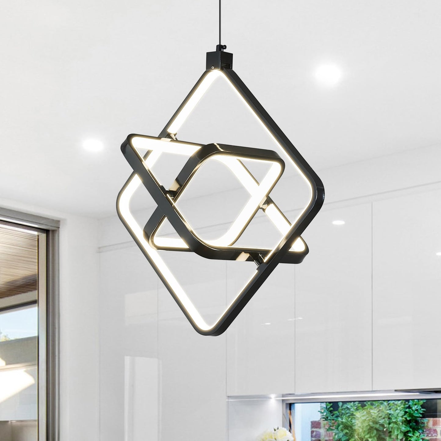 Bnhhlz Modern Led Pendant Lights Plated Black Rectangular Pendant Light Fixtures 4000K 35W Dimmable Pendant Lighting For Dining Room Kitchen Island Bedroom Living Room Foyer(3-Ring)