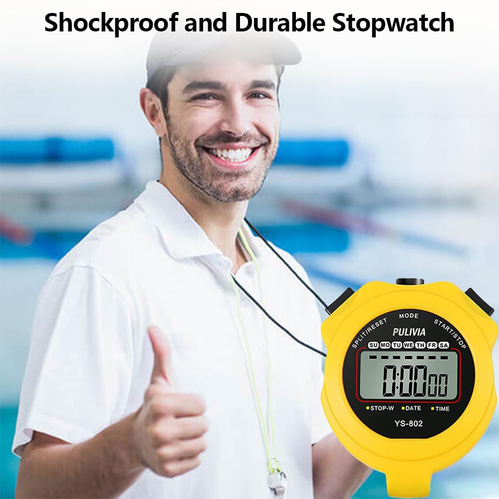 PULIVIA Sports Stopwatch Timer, Single Lap Split Digital Stop Watch for Sports Kids Coaches Swimming Running, Yellow