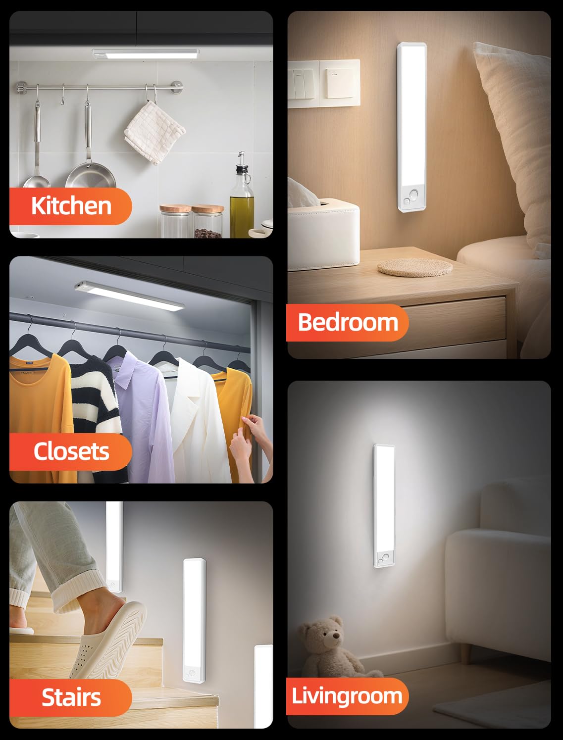 Under Cabinet Motion Sensor Lighting: Dimmable Rechargeable Lights Indoor - Battery Operated Lights - Undercabinet Wireless Closet Light Magnetic Led Light For Kitchen Home Bathroom Counter 5 Pack