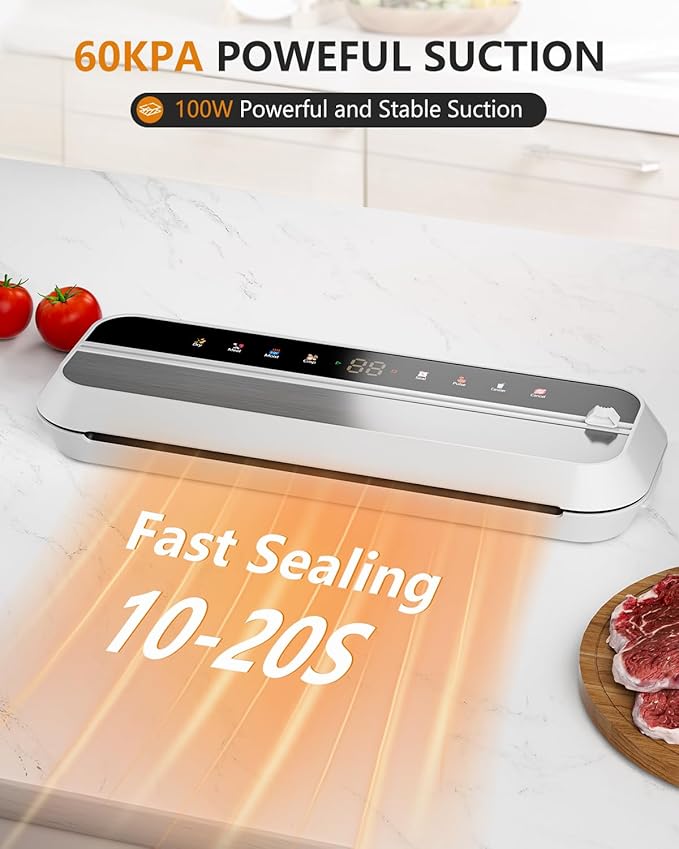 Vacuum Sealer, 8-in-1 Vacuum Sealer For Food, 100W, Digital Timer, Moist&Dry Mode and External VAC for Containers, Built-in Cutter & 10 Vacuum Bags （White）