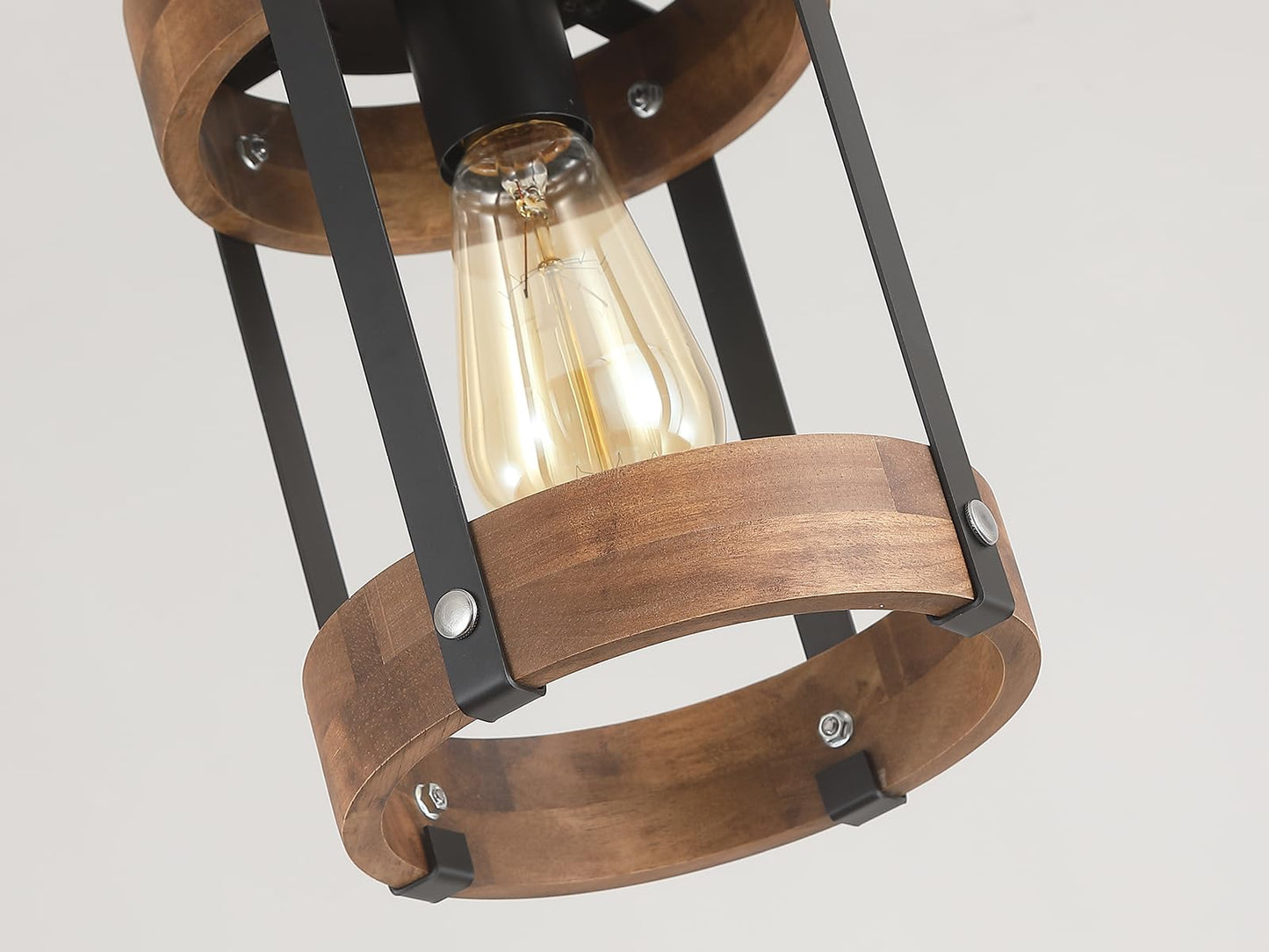 Rustic Farmhouse Wood Pendant Light Fixture One-Light Adjustable Chain Oak Wood And Metal Lantern Drum Small Pendant Lighting For Kitchen Island Sink Hallway Farmhouse Bathroom Bar  Black