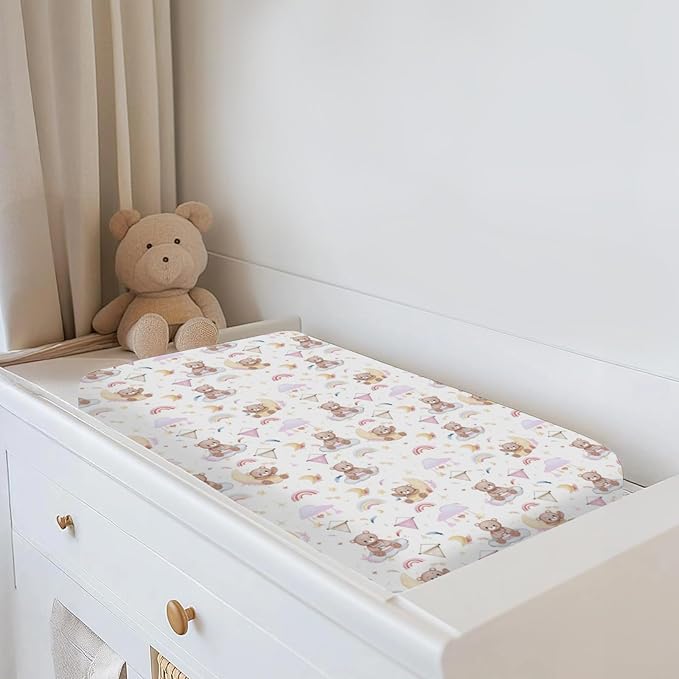 Watercolor Bear Rainbow Pink Changing Pad Covers for Baby Girls Cute Bears Moon Stars Clouds Fitted Change Table Covers Mats Animal Soft Diaper Changing Table Sheets for 32''×16'' Contoured Pad