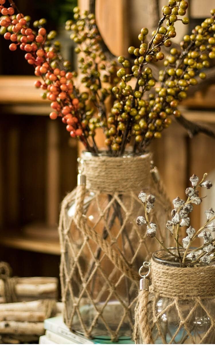 Rustic Hanging Mason Nautical Jar Rope Net Dry Flower Glass Vase with Handle Pack of 2 (2 Vase 8")