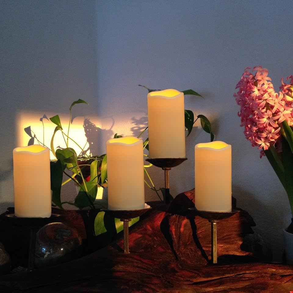 12PACK Outdoor Plastic flameless Candles with Remote Control and Timer, LED Flickering Battery Operated Electric Pillar Candles (D3 xH5.5) for Camping, Weddings, Home Decoration