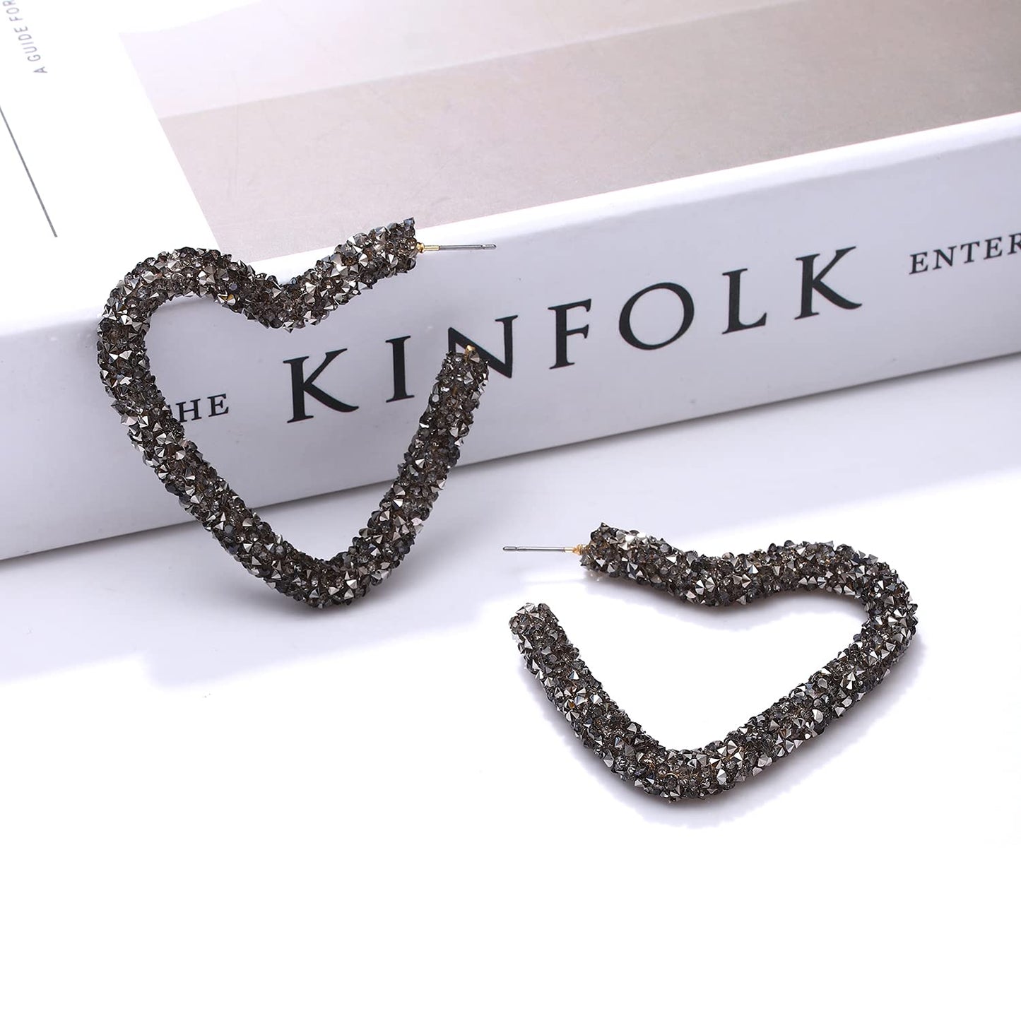 NLCAC Glitter Heart Hoop Earrings Bohemian Sparkle Resin Rhinestone Wrapped Hoop Dangle Earrings for Women Grey