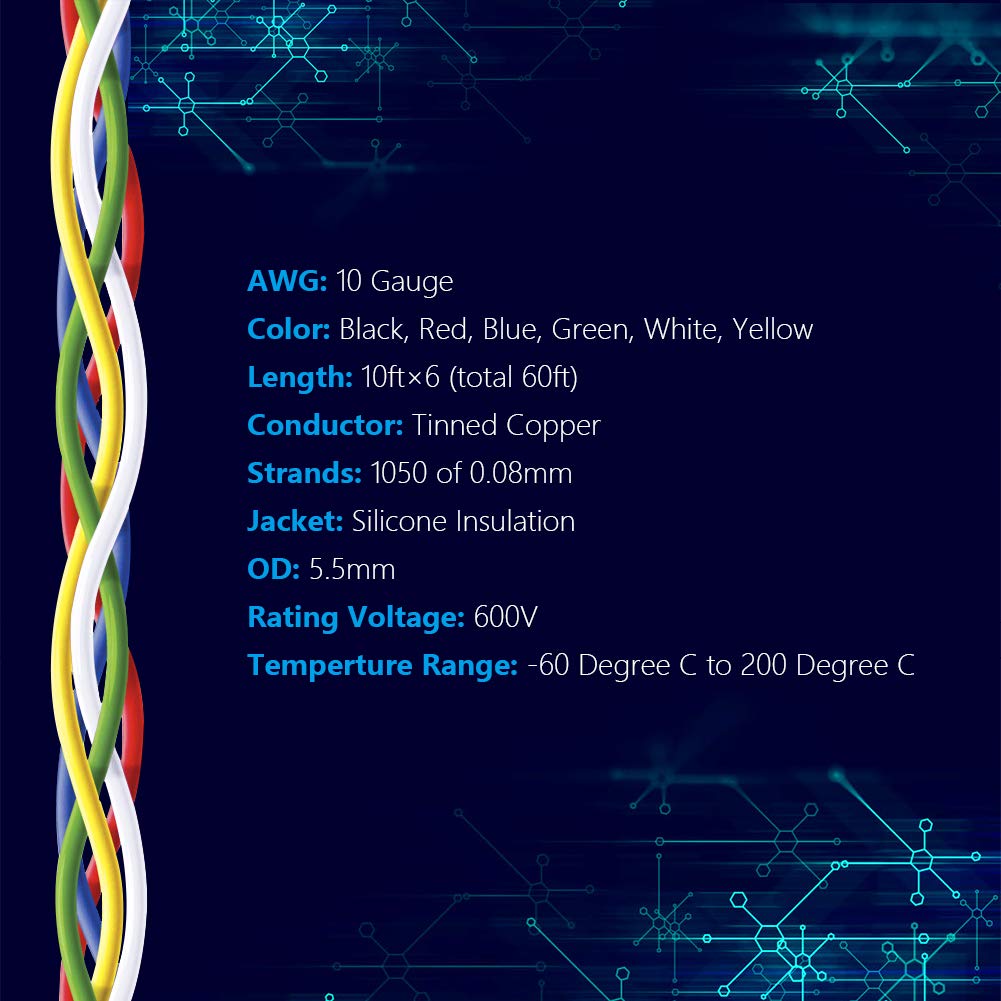 Fermerry 10 AWG Stranded Wire Spool 10ft Each 6 Colors Flexible 10 Gauge Silicone Hook up Wire Kit Electrical Tinned Copper Wire