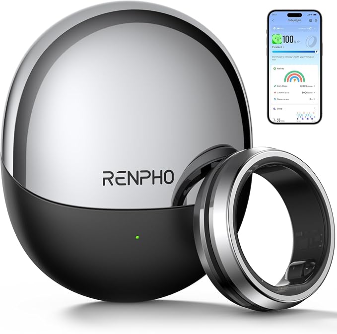 RENPHO Lynx Smart Ring, Blood Oxygen & Heart Rate Monitors with 7-Day Battery Life, Titanium, Waterproof, Subscription-Fre...