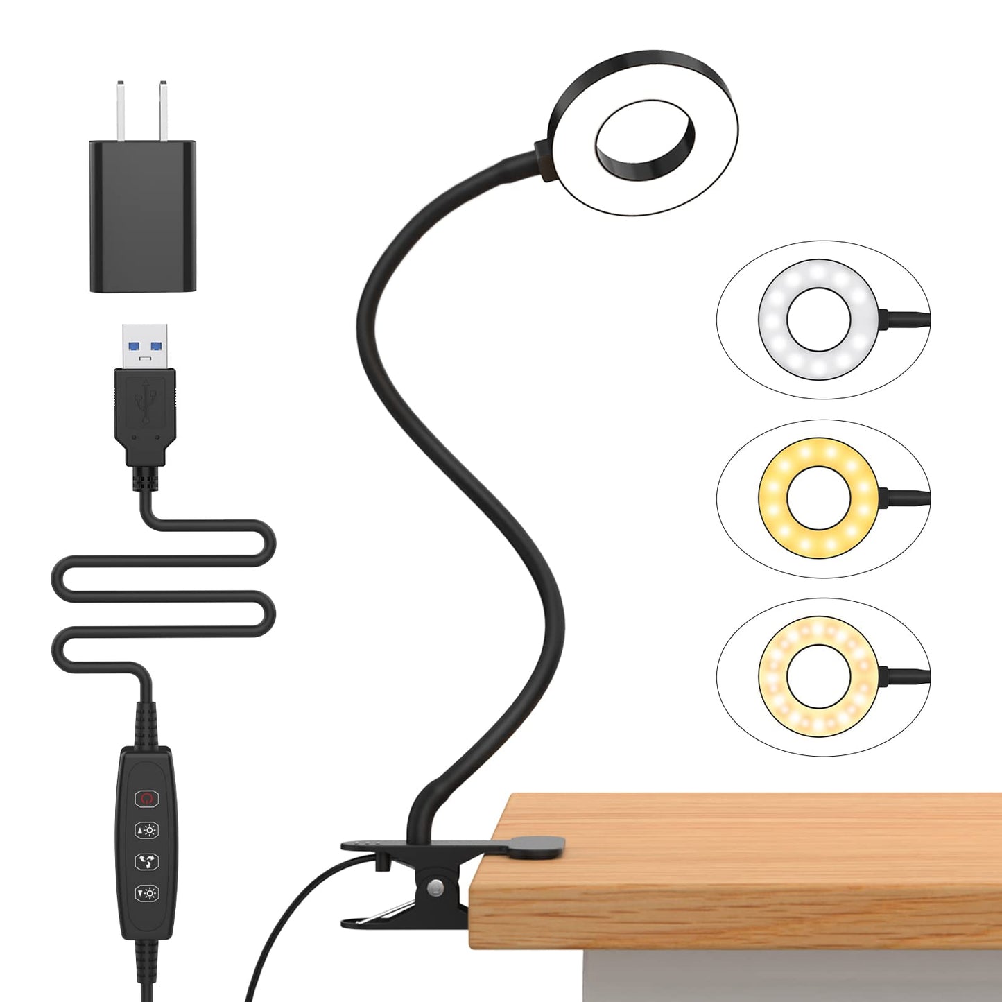 Izell Led Desk Lamp With Clamp, 3 Color Modes, 10 Brightness Levels, 15.8 Black, Flexible Gooseneck Reading Light For Kids