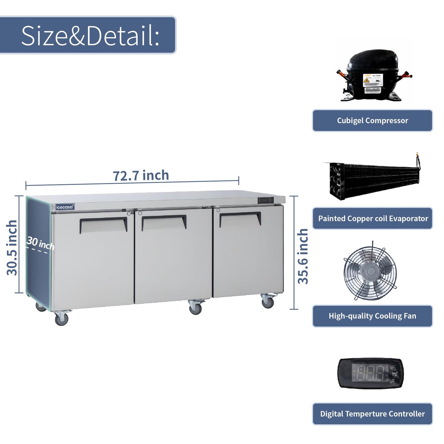 ICECASA 72" W Commercial Refrigerator Worktop Undercounter Refrigerator Three Door Stainless Steel Counter Fan Cooling Refrigerator 20 Cu.ft for Restaurant, Bar, Shop, etc