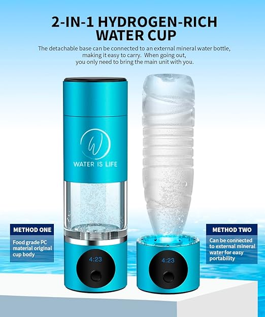 WATER IS LIFE Premium Waterproof Hydrogen Water Ionizer Bottle with LED Light, Magnetic Charging Port, 6000 ppb Hydrogen Content, SPE Electrolysis Technology, Bottom Vent to Discharge Gases (Blue)