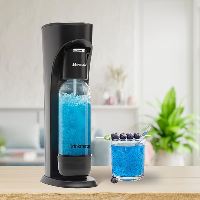 DrinkMate Sparkling Water and Soda Maker, Carbonates ANY Drink, Includes One 1L and One 0.5L Re-usable BPA-free Carbonating Bottles, 60L CO2 Cylinder and Patented Fizz Infuser, Matte Black