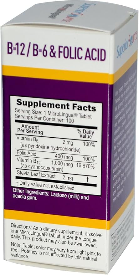 Superior Source No Shot Vitamin B-12 Cyanocobalamin 1000 mcg, B-6, Folic Acid 400 mcg - Support Brain & Heart Health - Aids Natural Energy Levels - 100 Sublingual Dissolving Tablets