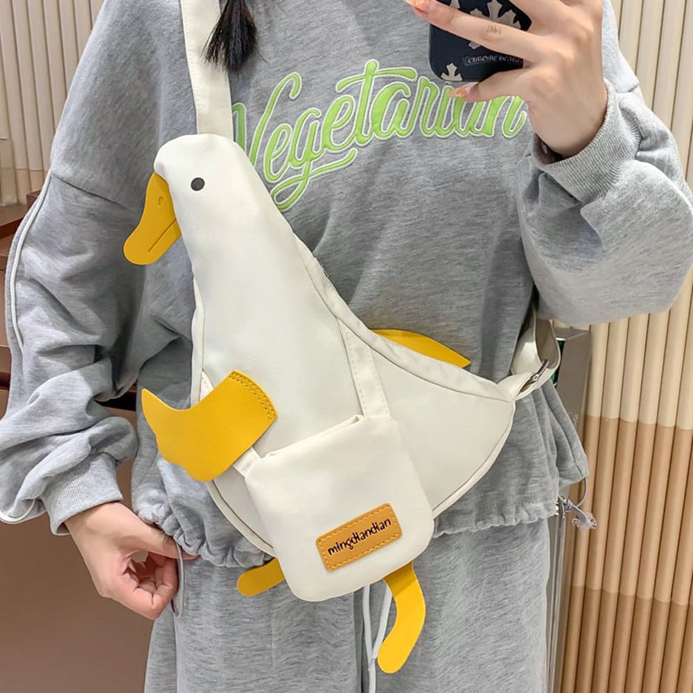 Cute Duck Purse Canvas Messenger Bag Cartoon Chest Wallet Novelty Bag Unisex Funny Shoulder Bag for Girls Women Daily Use ﻿ (White)