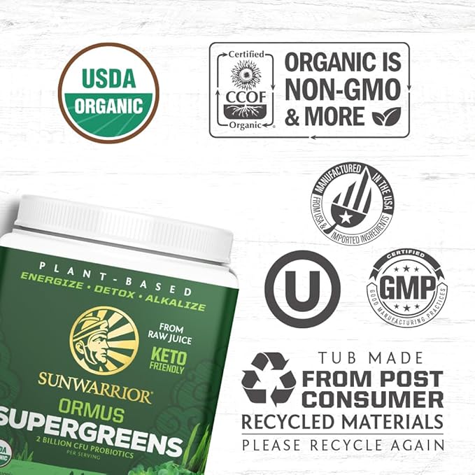 Sunwarrior Vegan Organic Greens Probiotic Powder | 2 Billion CFU Probiotics Organic Raw Juice Soy Free Gluten Free Dairy Free Sugar Free Kosher | Natural 90 Servings | Ormus Supergreens