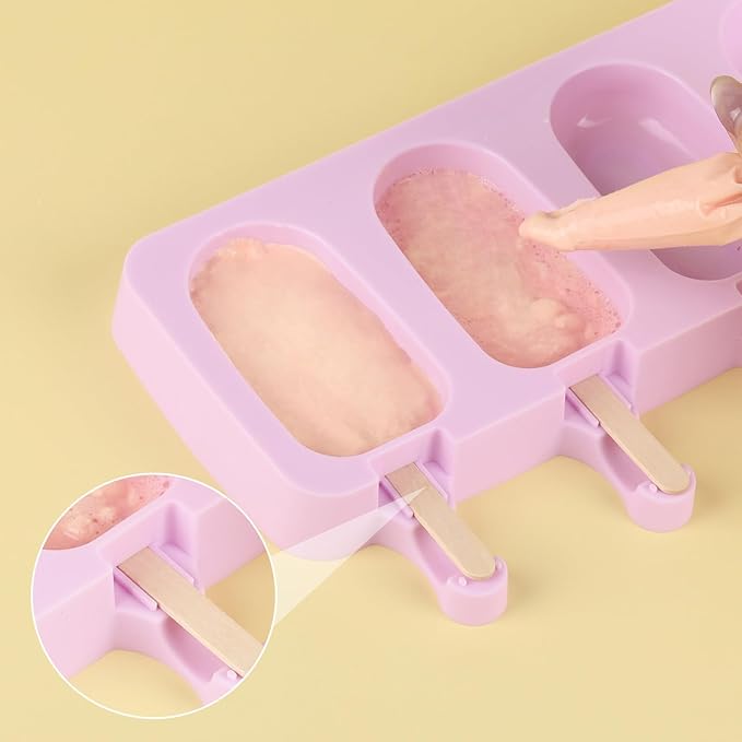 3 Set Violet Popsicles Molds with Lids and 100 Pcs Wooden Popsicles Sticks, Standard Size 4 Cavities Silicone Ice Pop Molds for Making Cakesicles, Cake Pops, Ice Cream - BPA Free