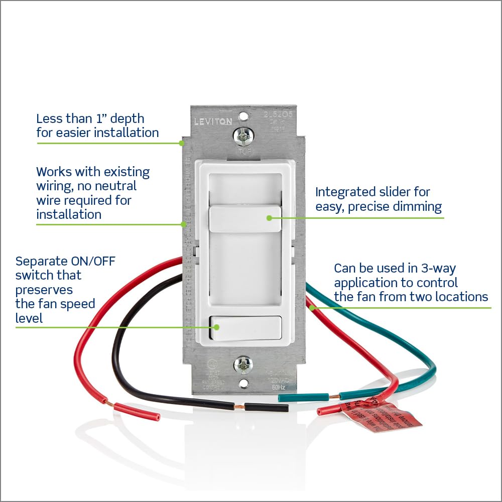 Leviton Sureslide Ceiling Fan Wall Switch, Quiet 3-Speed Fan Control, 1.5 Amps, 661F-10W, White