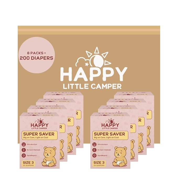 Happy Little Camper Super Saver Diapers, Size 3, 200 Count | Budget-Friendly Disposable Diapers for Sensitive Skin | Hypoallergenic, Fragrance-Free, Ultra Absorbent