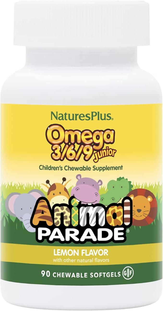 Natures Plus Animal Parade Omega 3/6/9 Junior, Lemon Flavor - 90 Softgels - Promotes Children's Immune, Skin, Eye & Nervous System Health - Non-GMO, Gluten Free - 45 Servings